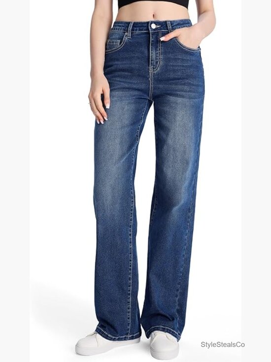 Denim - Tall Straight Leg Jeans Mid Waist Stretchy Loose Denim Pants Casual Baggy